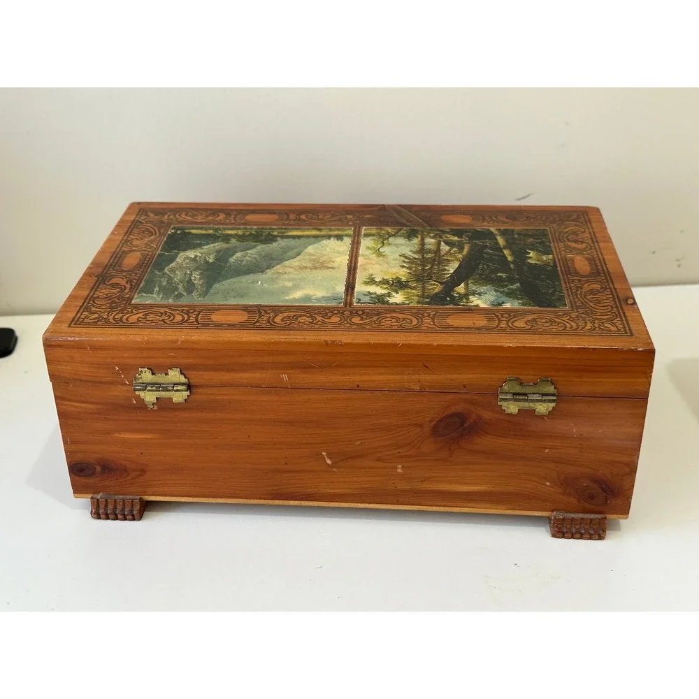 Vintage Wooden Jewelry Box Landscape Scenic Carved Latch Hinged